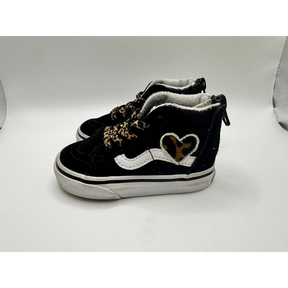 Vans ankle Hi Zip Toddler Girls Black Leopard Heart High Top Sneakers 4.5